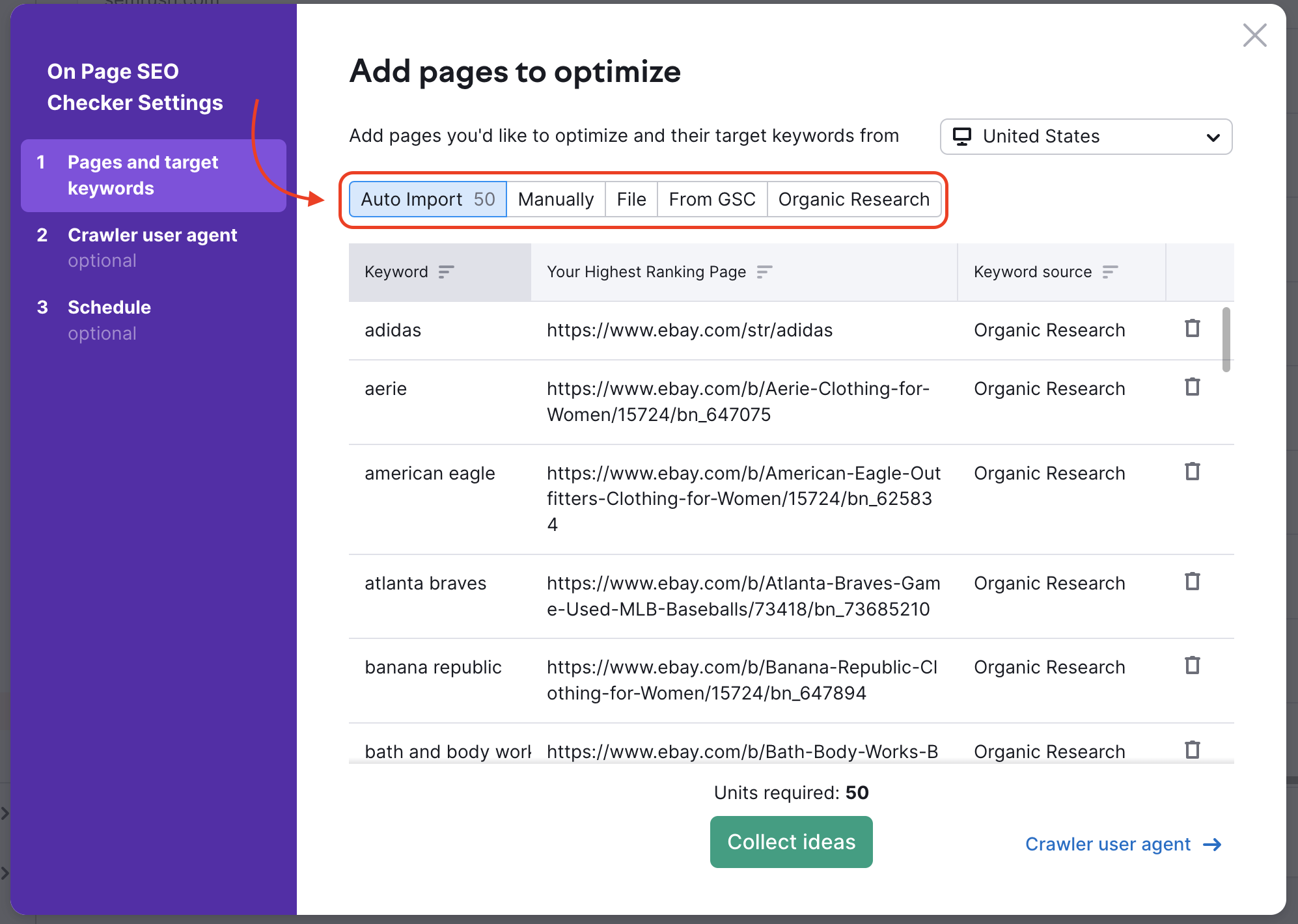 Example of widget for adding pages. The following import sources are highlighted: Auto Import, Manually, File, From GSC, and Organic Research.